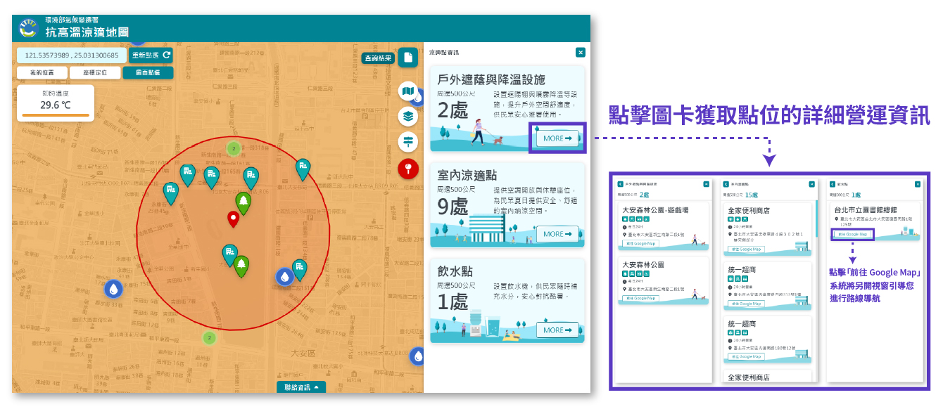 點擊圖卡上的MORE按鈕，可獲取點位的詳細營運資訊。